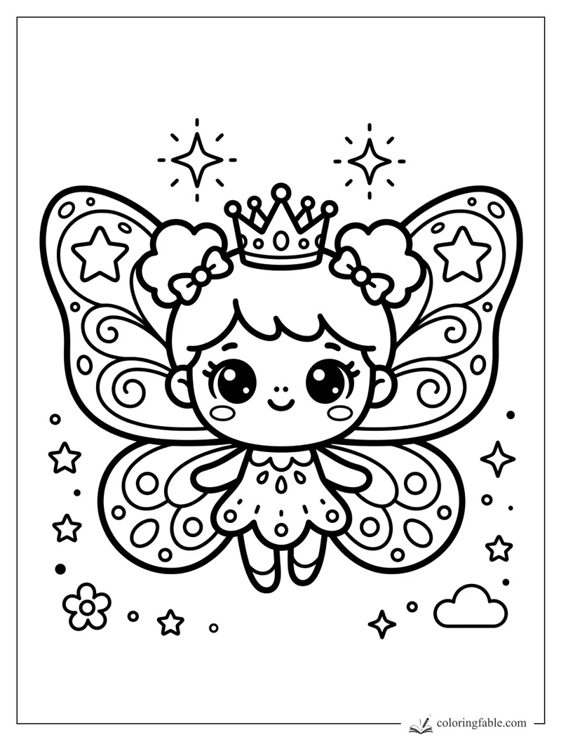 Kawaii butterfly princess with a crown, bows, swirly star wings, sparkles, flowers, and a tiny cloud.