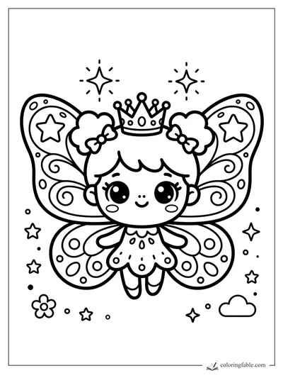 Kawaii butterfly princess with a crown, bows, swirly star wings, sparkles, flowers, and a tiny cloud.