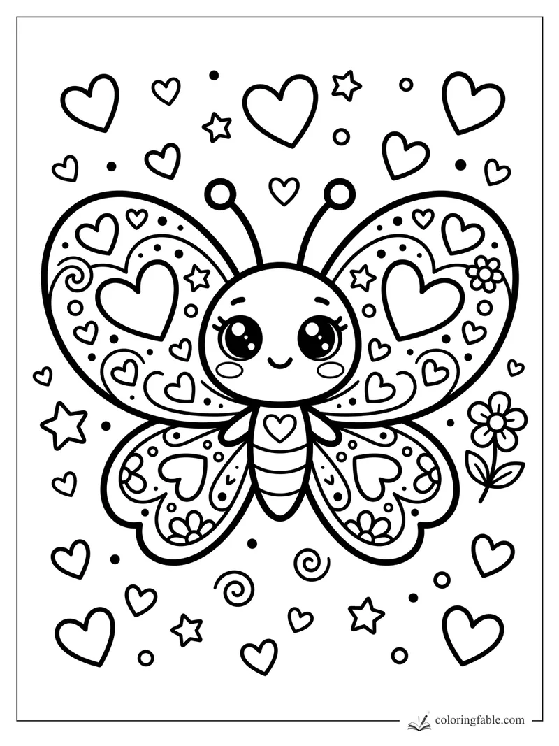 Kawaii butterfly with big eyes, heart wings, flowers, stars, dots, and swirls to color