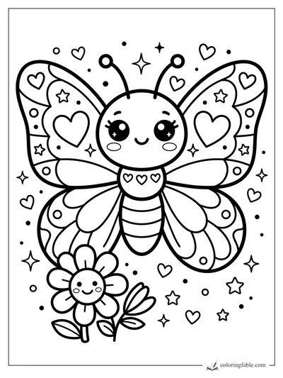 Kawaii butterfly with heart-patterned wings, smiling flower, stars, dots, and tiny hearts.