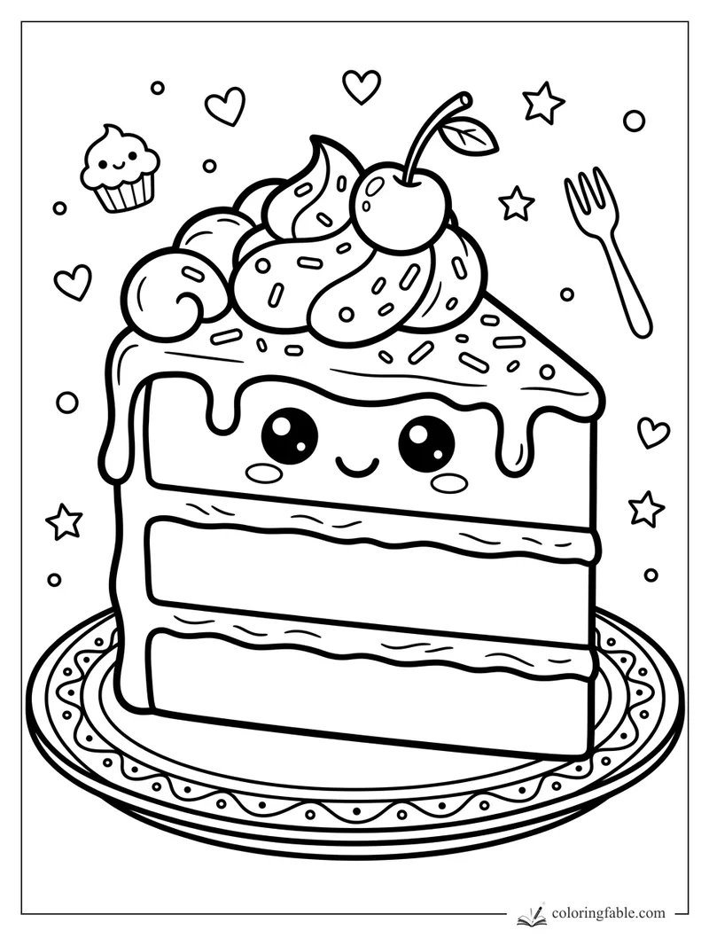 Kawaii layer cake slice with smiling face, cherries, whipped cream, sprinkles, stars, hearts, and fork