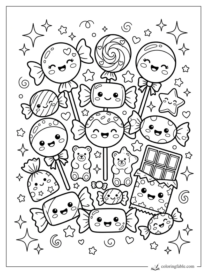 Kawaii candy coloring page with smiling lollipops, wrapped sweets, gummy bears, stars, and hearts.