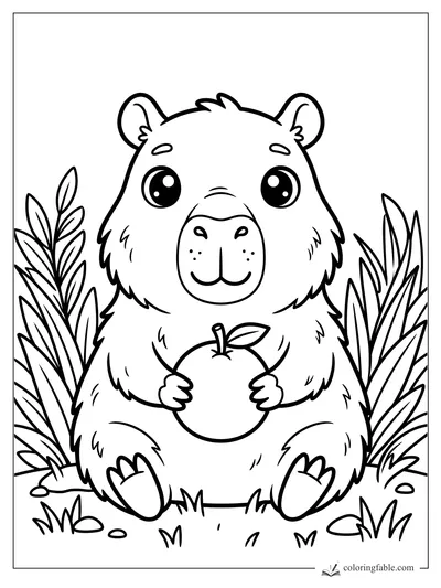 Kawaii capybara sitting among leafy plants and holding an apple with a sprout.