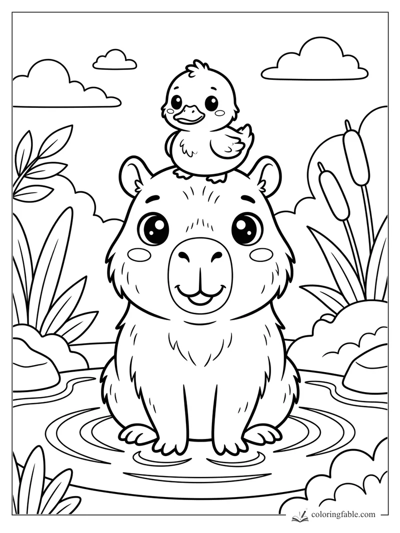 Kawaii capybara sitting in pond water with a smiling duckling on its head, cattails, leaves, and clouds