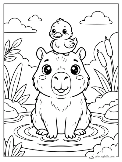 Kawaii capybara sitting in pond water with a smiling duckling on its head, cattails, leaves, and clouds