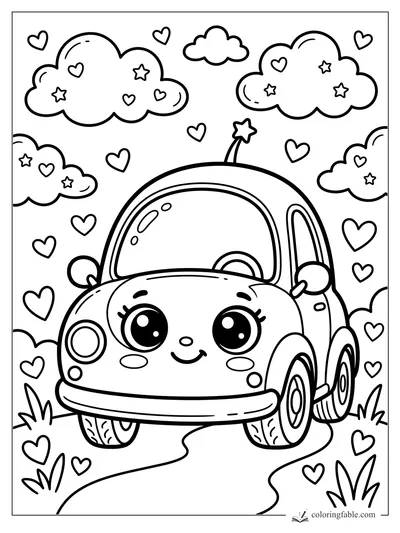 Kawaii smiling car with big eyes, star antenna, heart clouds, and a winding road coloring page