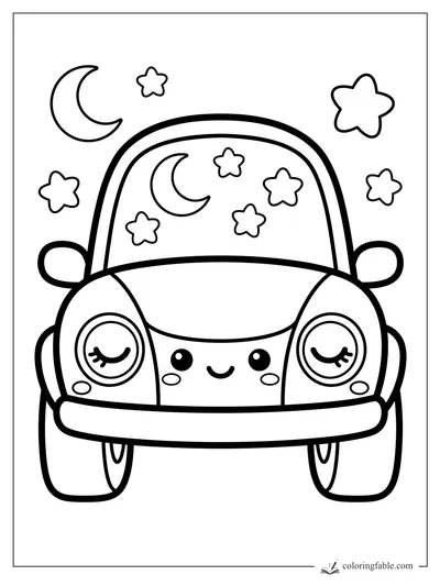 Kawaii car front with sleepy headlights, smiling face, crescent moons and stars in the windshield