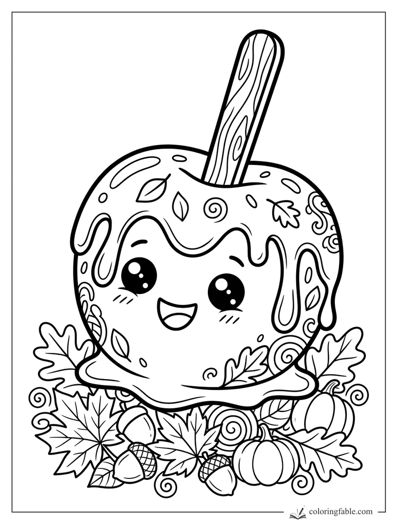 Kawaii caramel apple with a wooden stick, cute face, pumpkins, acorns, leaves, and candy swirls.