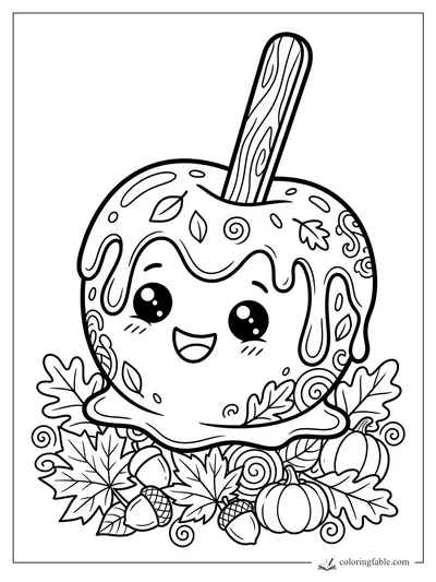 Kawaii caramel apple with a wooden stick, cute face, pumpkins, acorns, leaves, and candy swirls.