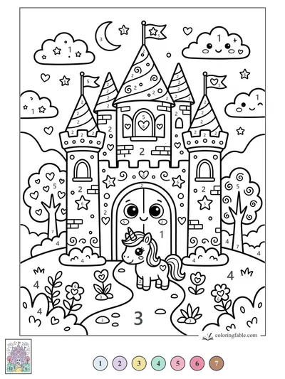 Kawaii Castle with a Unicorn at the Smiling Gate — color by number