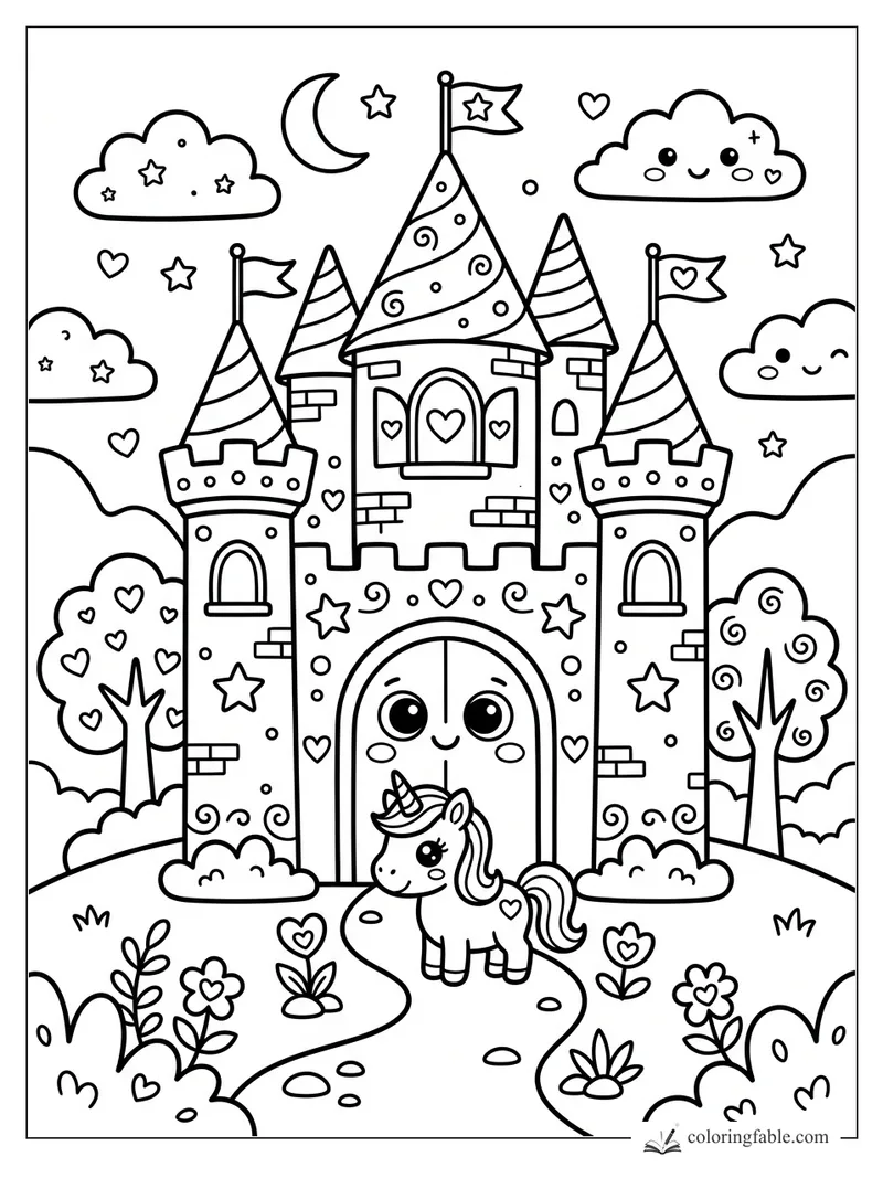 Kawaii castle coloring page with unicorn, smiling gate, heart flags, clouds, stars, flowers, and trees.