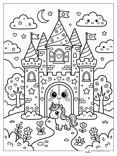 Kawaii castle coloring page with unicorn, smiling gate, heart flags, clouds, stars, flowers, and trees.