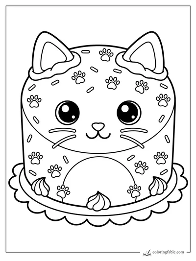 Kawaii cat cake coloring page with big eyes, frosting ears, paw prints, sprinkles, and whipped cream