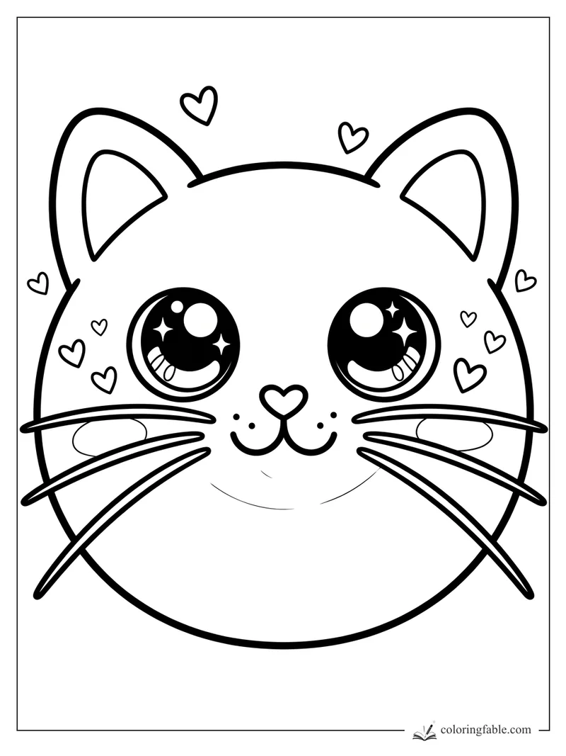 Kawaii cat face with sparkling eyes, heart nose, long whiskers, and tiny hearts around its ears.