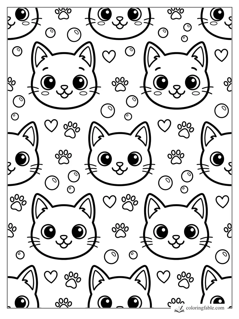 Kawaii cat face pattern with big eyes, paw prints, hearts, and bubble circles to color