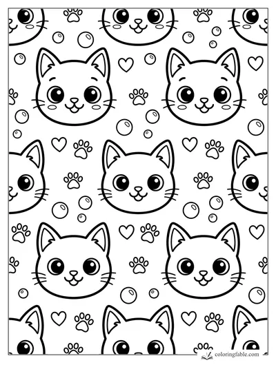 Kawaii cat face pattern with big eyes, paw prints, hearts, and bubble circles to color