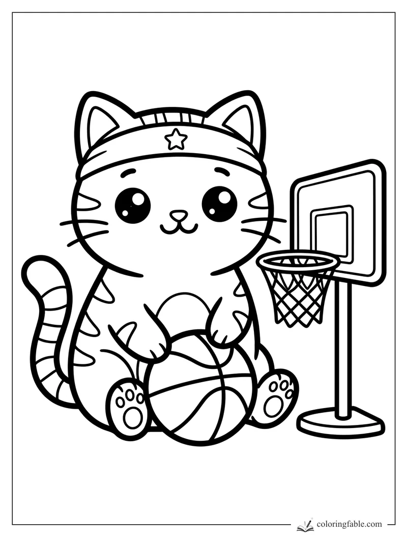 Kawaii cat in a star headband holding a basketball beside a small hoop