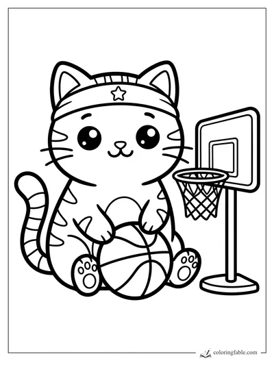 Kawaii cat in a star headband holding a basketball beside a small hoop