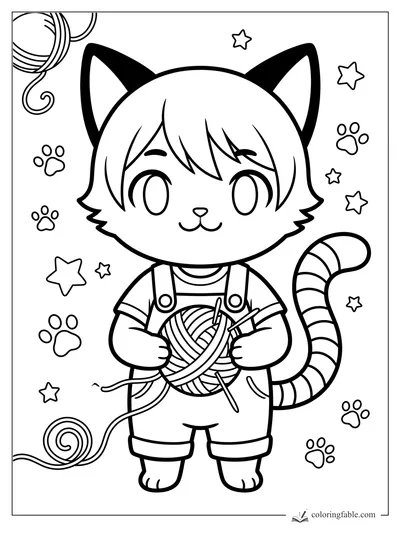 Kawaii cat child holding knitting needles and a yarn ball, with paw prints, stars, and curled yarn