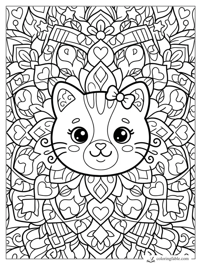 Kawaii cat face mandala with bow, hearts, stars, leaves, and playful striped shapes