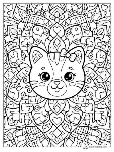 Kawaii cat face mandala with bow, hearts, stars, leaves, and playful striped shapes