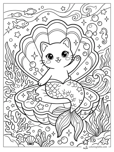 Kawaii cat mermaid waving from an open seashell with fish, bubbles, coral, waves, and stars.