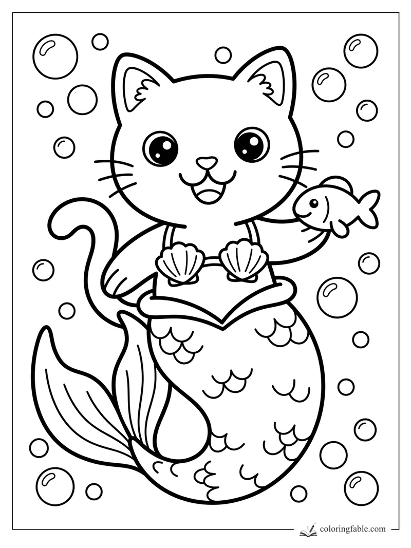 Kawaii cat mermaid smiling with shell top, fish friend, bubbles, and curled tail.