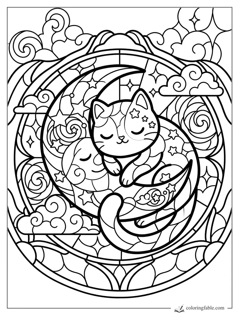 Kawaii cat sleeping on a crescent moon with clouds, stars, rainbows, and stained-glass swirls.