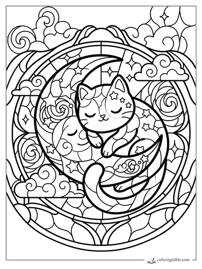 Kawaii cat sleeping on a crescent moon with clouds, stars, rainbows, and stained-glass swirls.