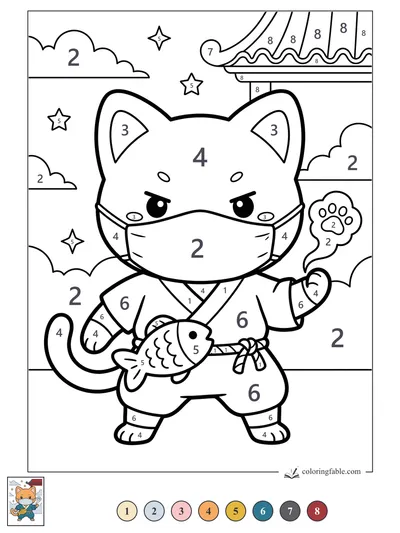 Kawaii Cat Ninja with Fish Charm — color by number