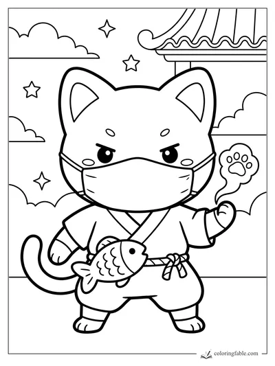 Kawaii cat ninja wearing a mask, holding a paw-shaped puff, with a fish charm at its belt.