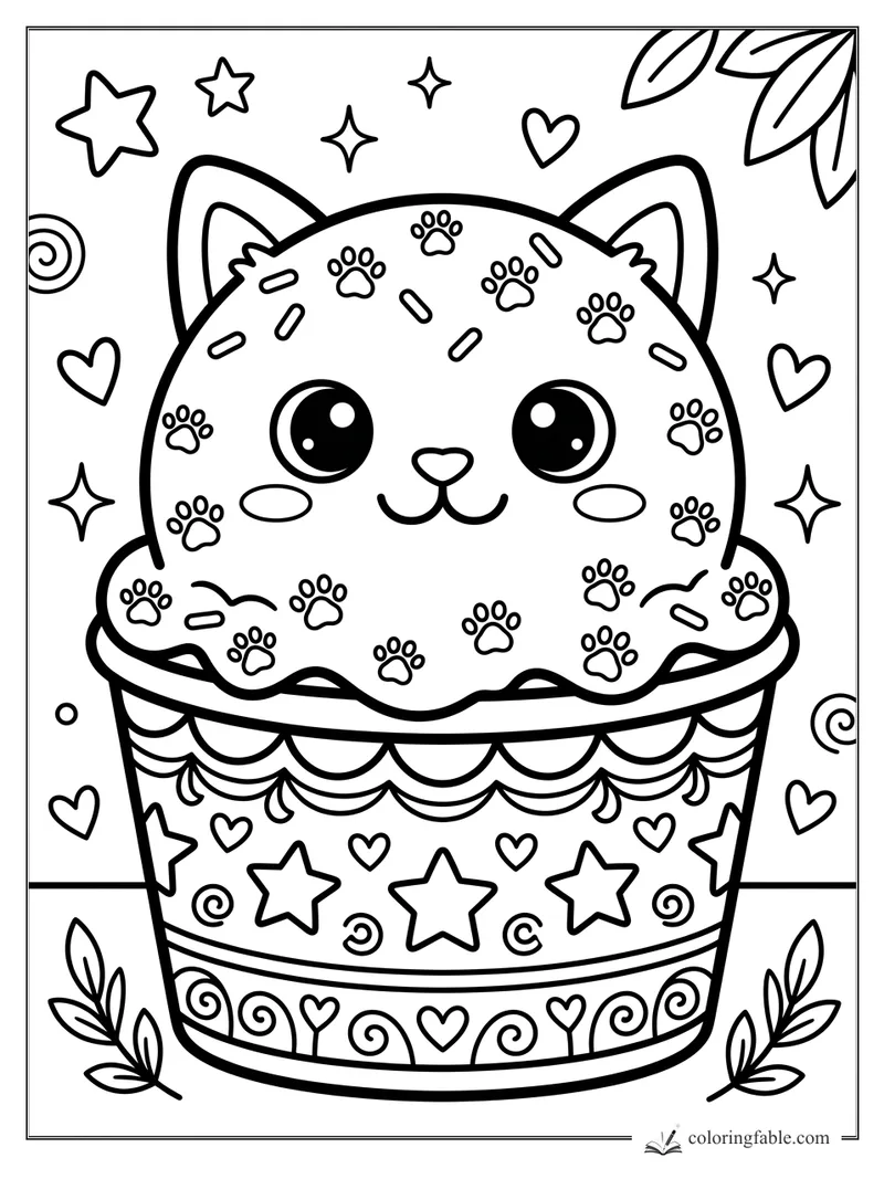 Kawaii cat-shaped ice cream scoop in a decorated cup with paw prints, stars, hearts, and leafy corners.