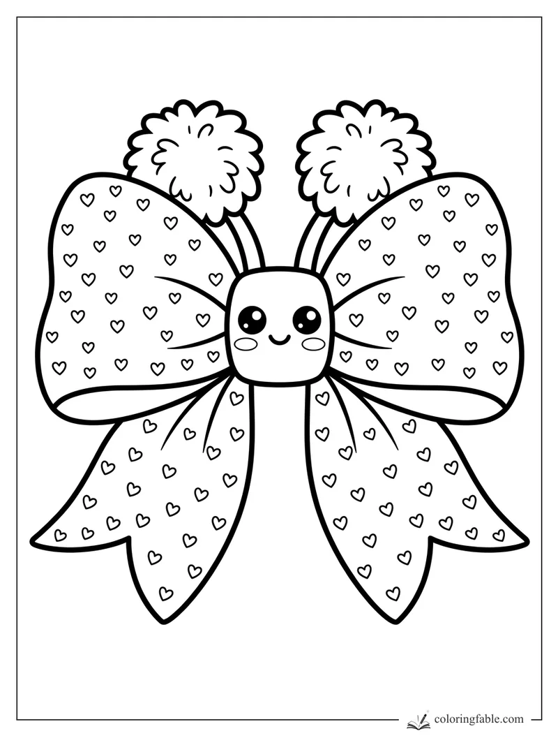 Kawaii cheer bow with smiling face, fluffy pom-poms, and tiny heart patterns