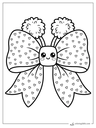 Kawaii cheer bow with smiling face, fluffy pom-poms, and tiny heart patterns