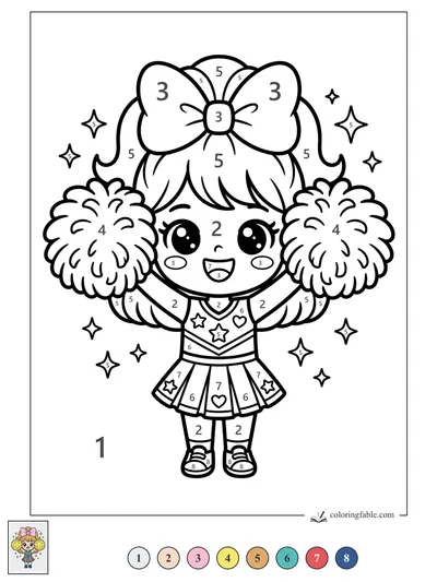 Kawaii Cheerleader With Bow and Pom-Poms — color by number