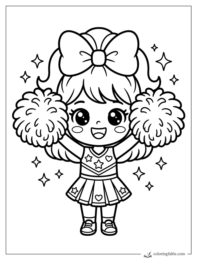 Kawaii cheerleader with a giant bow, raised pom-poms, starry background, and heart uniform details.