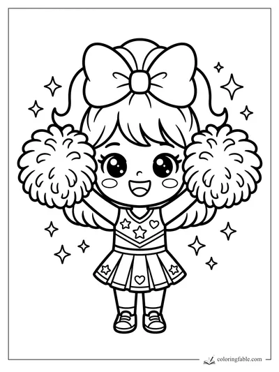 Kawaii cheerleader with a giant bow, raised pom-poms, starry background, and heart uniform details.