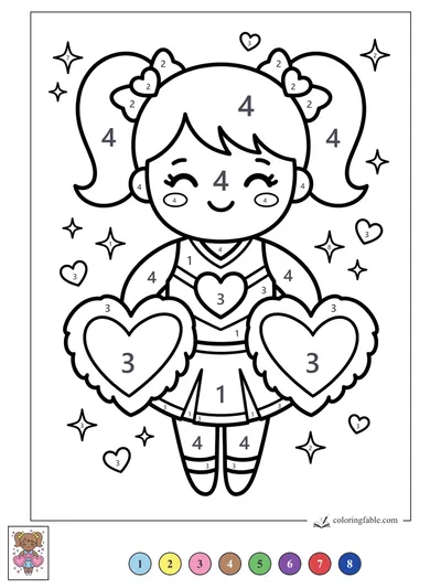 Kawaii Cheerleader with Heart Pom-Poms — color by number