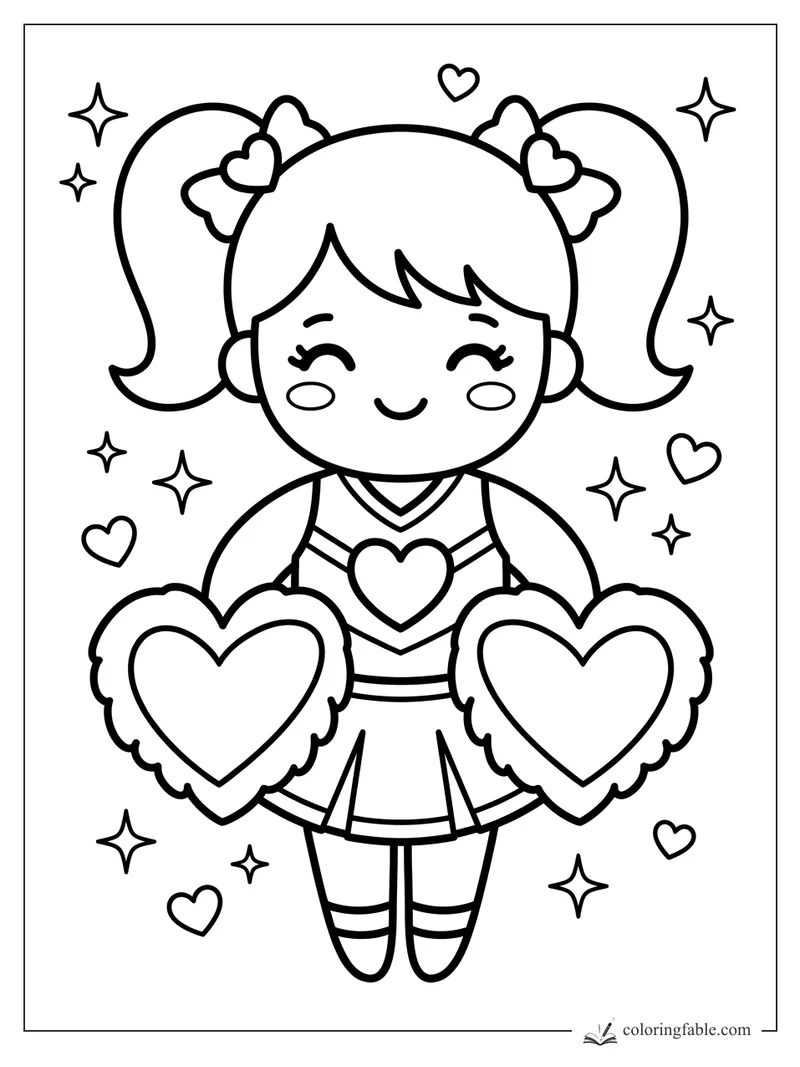 Kawaii cheerleader smiling with heart pom-poms, twin ponytails, bows, hearts, and sparkles.