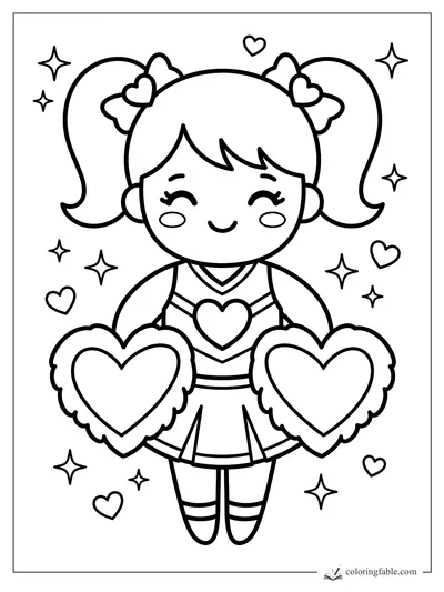Kawaii cheerleader smiling with heart pom-poms, twin ponytails, bows, hearts, and sparkles.