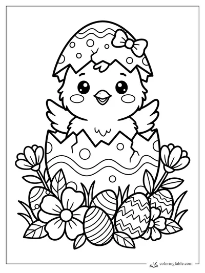 Kawaii chick hatching from a decorated Easter egg with bow, flowers, grass, and patterned eggs.