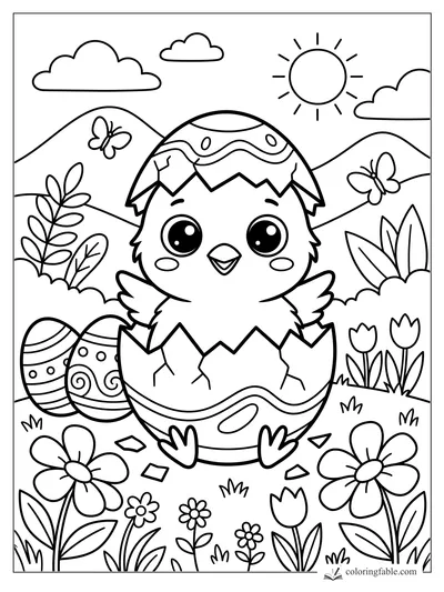 Kawaii chick hatching from a decorated egg in a sunny meadow with flowers, butterflies, and hills