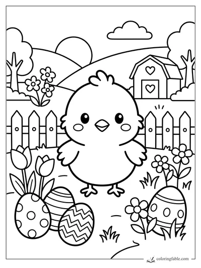 Kawaii chick by Easter eggs, tulips, picket fence, and heart-decorated barn on a farm.