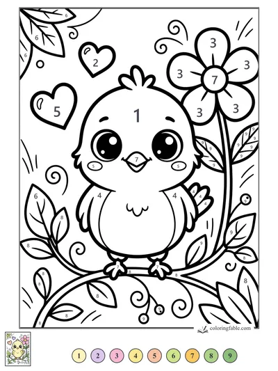 Kawaii Chick on a Curly Garden Vine — color by number