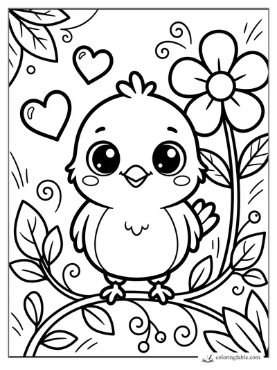 Kawaii chick perched on a vine with hearts, leaves, curls, and a tall flower