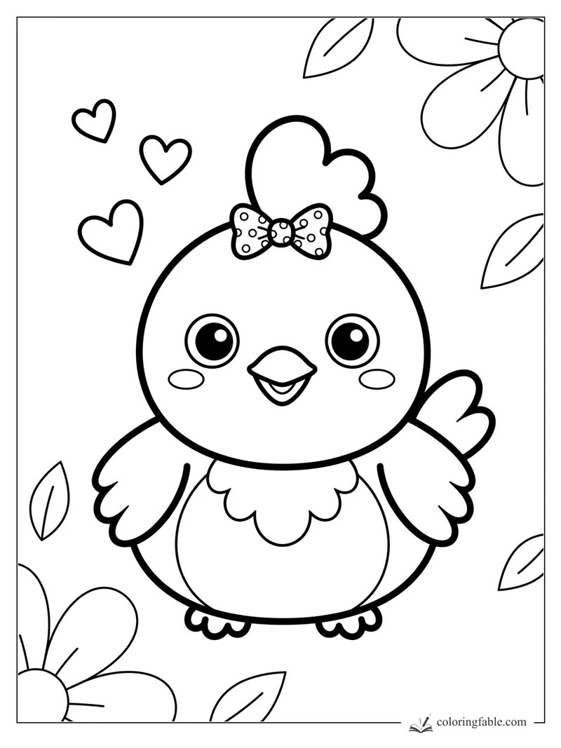 Kawaii chick with big eyes, open wings, polka-dot bow, hearts, flowers, and falling leaves.