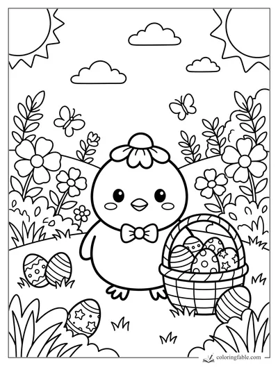 Kawaii chick with bow tie, daisy hat, Easter basket, painted eggs, flowers, butterflies, suns and clouds.