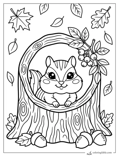 Kawaii chipmunk smiling in a hollow tree stump with berries, acorns, and falling autumn leaves