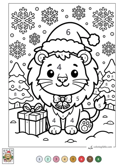 Kawaii Christmas Lion with Gift — color by number