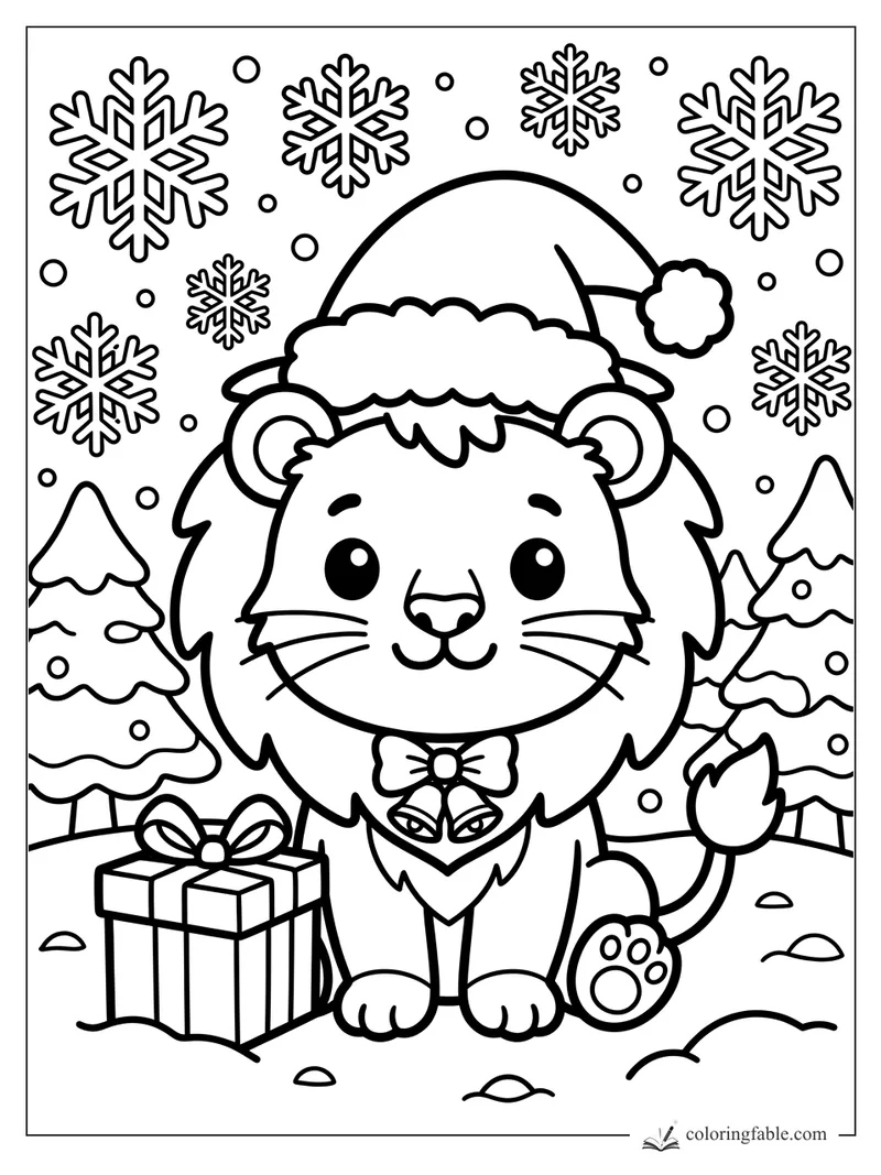 Kawaii lion in a Santa hat beside a wrapped gift, with snowflakes and snowy pine trees